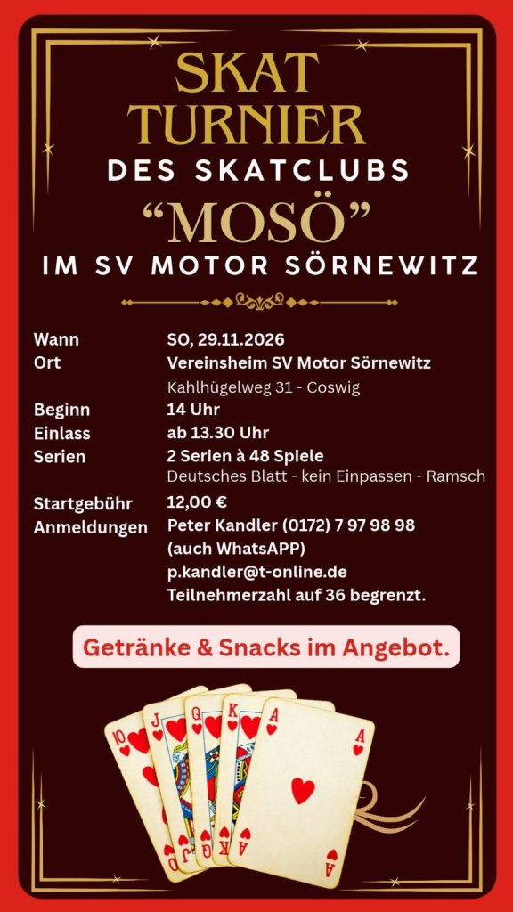 Plakat: Skatturnier des Skatclubs MoSö im SV Motor Sörnewitz am 29.11.2026 – Beginn 14 Uhr, Einlass 13.30 Uhr, Startgebühr 12 Euro, Anmeldung bei Peter Kandler